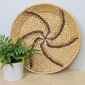 Vintage Woven Coil Handmade Round Tan & Brown Pinwheel Basket Harvest Bowl